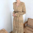 Long-sleeve Floral Print Midi Layered Chiffon Dress Yellow - One Size