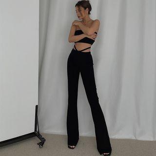 Cutout-waistline Ribbed-knit Boot-cut Pants