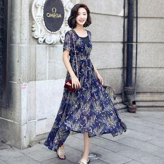 Set: Floral Print Short Sleeve Maxi Dress + Slipdress