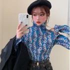 Floral Turtle-neck Long-sleeve Top Blue - One Size