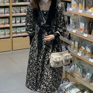 Long-sleeve Bow Floral Print Midi A-line Dress Floral - Black - One Size