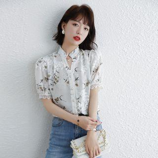 Short-sleeve Lace-trim Floral Chiffon Blouse