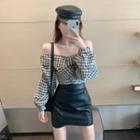 Off-shoulder Plaid Blouse / Faux Leather A-line Skirt