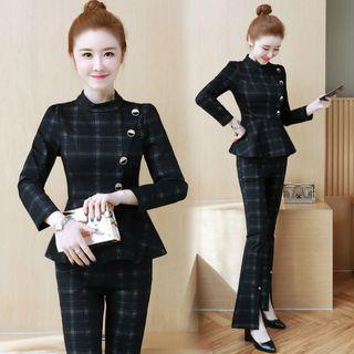 Set: Plaid Long-sleeve Top + Boot-cut Pants