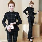 Set: Plaid Long-sleeve Top + Boot-cut Pants