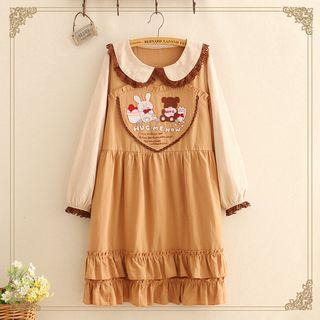 Long-sleeve Animal Embroidery A-line Dress As Shown In Figure - One Size