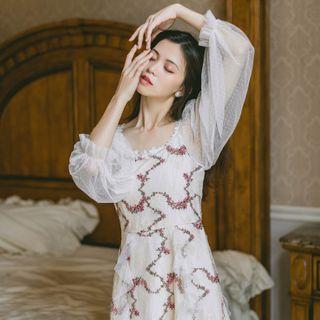 Long-sleeve Floral Embroidered Mesh Midi A-line Dress