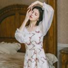 Long-sleeve Floral Embroidered Mesh Midi A-line Dress