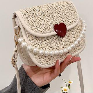 Faux Pearl Woven Saddle Crossbody Bag