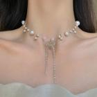 Bow Rhinestone Faux Pearl Necklace White Faux Pearl - Gold - One Size