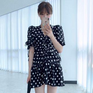 Puff-sleeve Dotted Drawstring A-line Dress