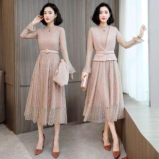 Set: Long-sleeve Frill Collar Midi Mesh Dress + Vest