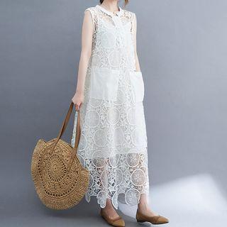 Sleeveless Eyelet Lace Maxi Smock Dress