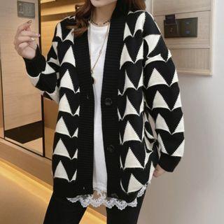 V-neck Two-tone Cardigan Black - One Size