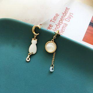 Cat Faux Pearl Dangle Earring 1 Pair - S925 Silver - Stud Earrings - Gold - One Size