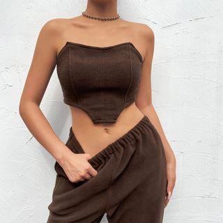 Set: Plain Off-shoulder Corset Top + Plain Sweatpants