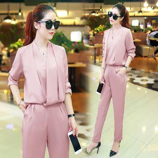 Set: V-neck Long-sleeve Blouse + Pants