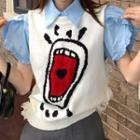 Puff-sleeve Ruffled Shirt / Cartoon Print Distressed Sweater Vest