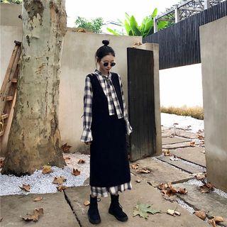 Plaid Long-sleeve Maxi Shirt Dress/ V-neck Long Sweater Vest