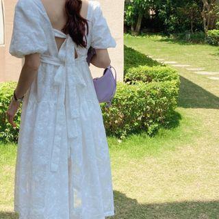 Short-sleeve Lace A-line Midi Dress Off-white - One Size