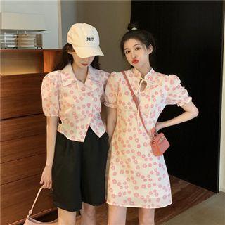 Puff-sleeve Floral Print Shirt / Mini A-line Qipao Dress