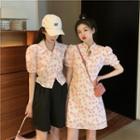 Puff-sleeve Floral Print Shirt / Mini A-line Qipao Dress