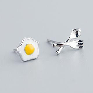 Non-matching Egg & Fork Stud Earring 1 Pair - S925 Silver - Silver - One Size