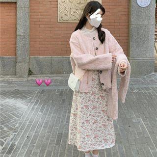 Cowl-neck Mesh Top / Floral Spaghetti-strap Dress / Fluffy Cardigan With Scarf