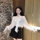 Long-sleeve Sequined Bow-accent Blouse / Double-breasted Skirt
