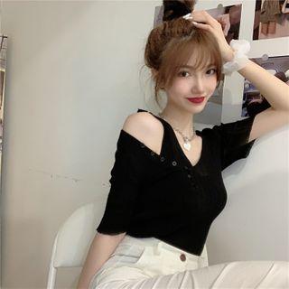 Mock Two-piece Short-sleeve Crop Knit Top