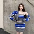 Striped Knit Camisole Top / Cardigan / Mini Fitted Skirt