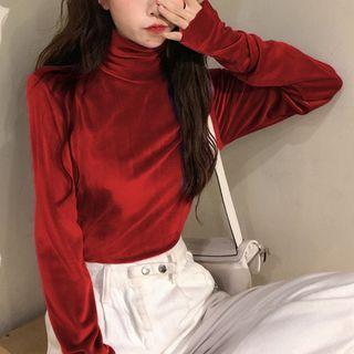 Velvet Turtleneck Plain Long-sleeve Top