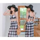 Set: Plaid Ruffle Trim Bikini Top + Swim Shorts + Cover-up Skirt