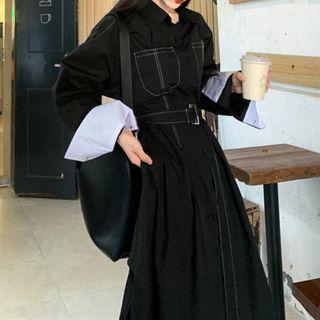 Contrast Stitching Long-sleeve Midi Shirtdress