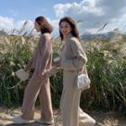 Set: Oversize V-neck Sweater + Knit Wide-leg Pants