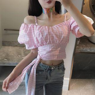 Cold Shoulder Short-sleeve Crop Top Gingham - Pink - One Size