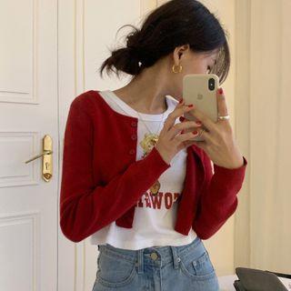 Cropped Cardigan / Short-sleeve Printed T-shirt
