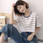 Striped Short-sleeve T-shirt / Distressed Cropped Wide-leg Jeans