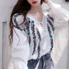 Floral Embroidered Crochet Panel Blouse White - One Size