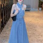 Choker-neck Midi A-line Denim Dress
