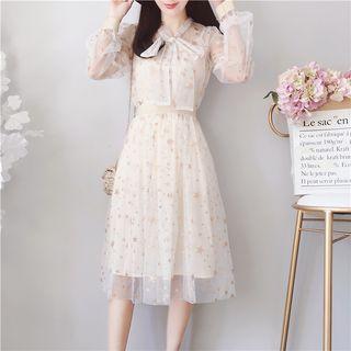 Set: Long-sleeve Patterned Top + A-line Skirt + Camisole Top