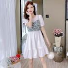 Set: Spaghetti Strap Floral Print Top + Short-sleeve Mini A-line Dress
