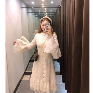 Flared-cuff Fringed Midi Chiffon Dress