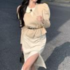 Asymmetrical Button-up Jacket / Chain Belt / Shirred A-line Skirt