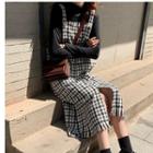Long-sleeve Mock-neck T-shirt / Tweed Midi Pinafore Dress