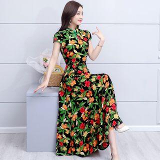 Short-sleeve Floral Print A-line Maxi Qipao Dress