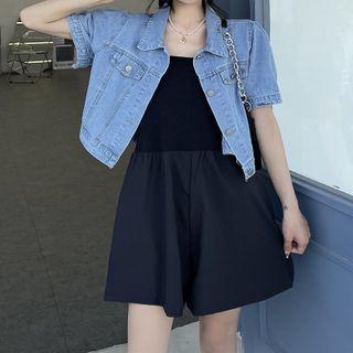 Short-sleeve Denim Shirt / Strapless Romper