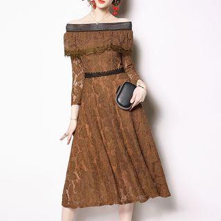 Off-shoulder Long-sleeve Midi A-line Lace Dress