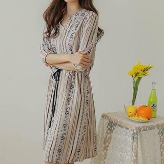 Mandarin-collar Tie-waist Midi Patterned Dress