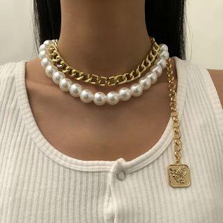 Set Of 2: Layered Faux Pearl Chunky Chain Choker